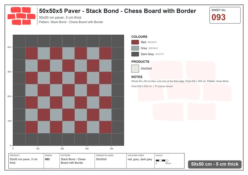 Interlock (Pasco) 50x50 cm · SQ55-93 · Stack Bond - Chess Board with Border · Laying plan Interlock (Pasco) 50x50 cm · SQ55-93 · Stack Bond - Chess Board with Border · Laying plan