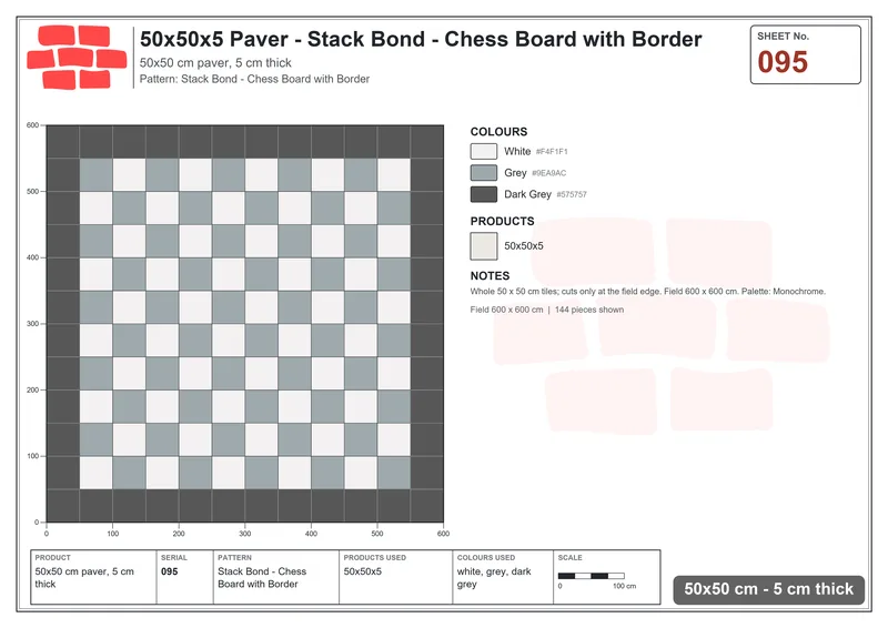 Interlock (Pasco) 50x50 cm · SQ55-95 · Stack Bond - Chess Board with Border · Laying plan Interlock (Pasco) 50x50 cm · SQ55-95 · Stack Bond - Chess Board with Border · Laying plan