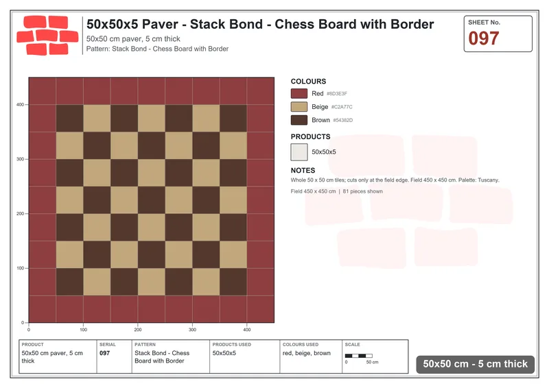 Interlock (Pasco) 50x50 cm · SQ55-97 · Stack Bond - Chess Board with Border · Laying plan Interlock (Pasco) 50x50 cm · SQ55-97 · Stack Bond - Chess Board with Border · Laying plan