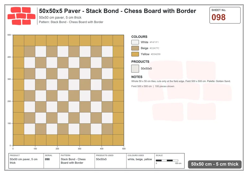 Interlock (Pasco) 50x50 cm · SQ55-98 · Stack Bond - Chess Board with Border · Laying plan Interlock (Pasco) 50x50 cm · SQ55-98 · Stack Bond - Chess Board with Border · Laying plan