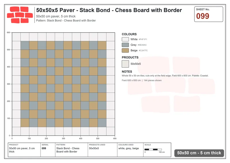 Interlock (Pasco) 50x50 cm · SQ55-99 · Stack Bond - Chess Board with Border · Laying plan Interlock (Pasco) 50x50 cm · SQ55-99 · Stack Bond - Chess Board with Border · Laying plan
