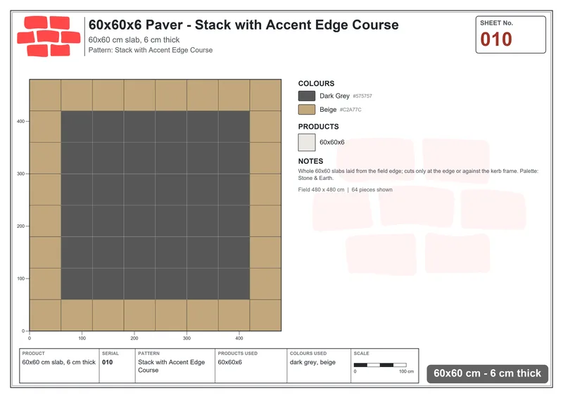 Interlock (Pasco) 60x60 cm · SQ66-10 · Stack with Accent Edge Course · Laying plan Interlock (Pasco) 60x60 cm · SQ66-10 · Stack with Accent Edge Course · Laying plan