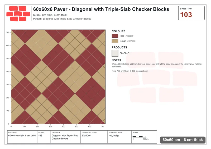 Interlock (Pasco) 60x60 cm · SQ66-103 · Diagonal with Checker with Corner Dots · Laying plan Interlock (Pasco) 60x60 cm · SQ66-103 · Diagonal with Checker with Corner Dots · Laying plan