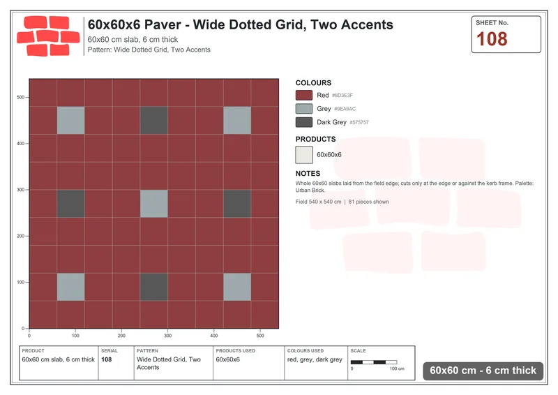 Interlock (Pasco) 60x60 cm · SQ66-108 · Wide Dotted Grid, Two Accents · Laying plan Interlock (Pasco) 60x60 cm · SQ66-108 · Wide Dotted Grid, Two Accents · Laying plan