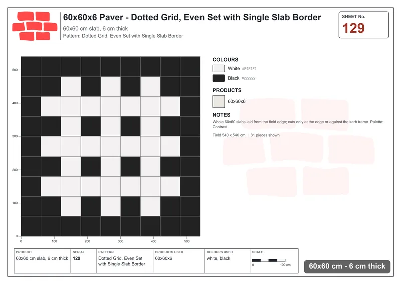 Interlock (Pasco) 60x60 cm · SQ66-129 · Dotted Grid, Even Set with Single Slab Border · Laying plan Interlock (Pasco) 60x60 cm · SQ66-129 · Dotted Grid, Even Set with Single Slab Border · Laying plan