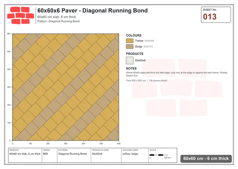Interlock (Pasco) 60x60 cm · SQ66-13 · Diagonal Running Bond · Laying plan Interlock (Pasco) 60x60 cm · SQ66-13 · Diagonal Running Bond · Laying plan