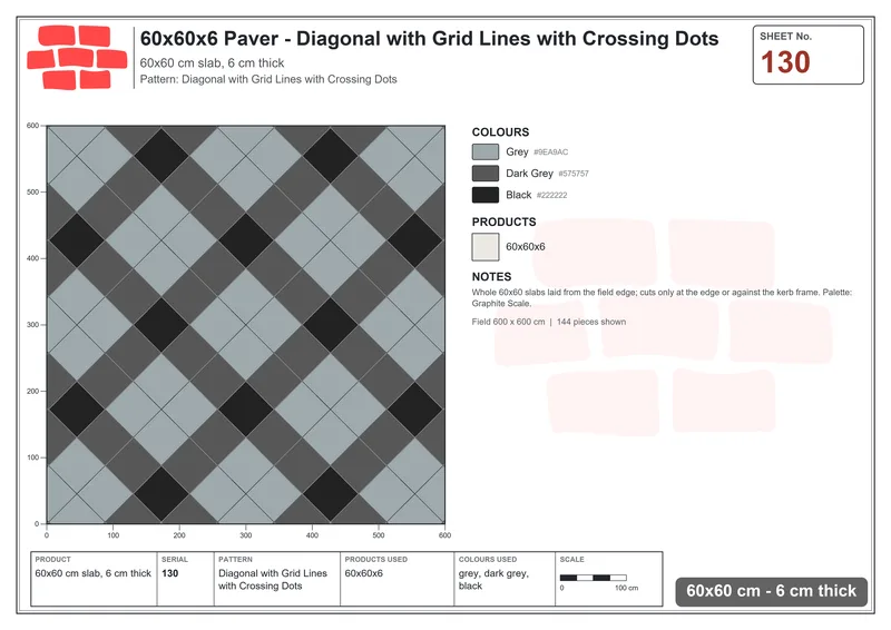 Interlock (Pasco) 60x60 cm · SQ66-130 · Diagonal with Lattice Lines · Laying plan Interlock (Pasco) 60x60 cm · SQ66-130 · Diagonal with Lattice Lines · Laying plan