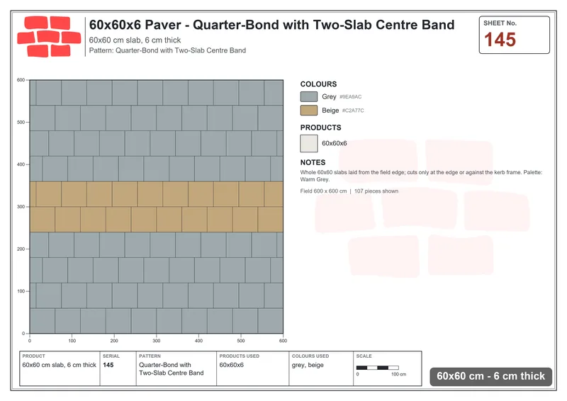 Interlock (Pasco) 60x60 cm · SQ66-145 · Quarter-Bond with Two-Slab Centre Band · Laying plan Interlock (Pasco) 60x60 cm · SQ66-145 · Quarter-Bond with Two-Slab Centre Band · Laying plan