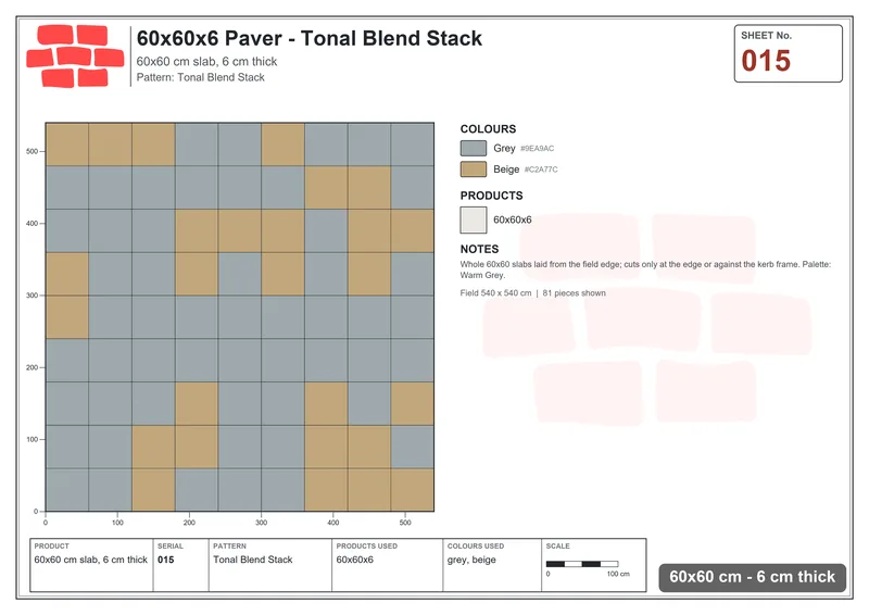 Interlock (Pasco) 60x60 cm · SQ66-15 · Tonal Blend Stack · Laying plan Interlock (Pasco) 60x60 cm · SQ66-15 · Tonal Blend Stack · Laying plan