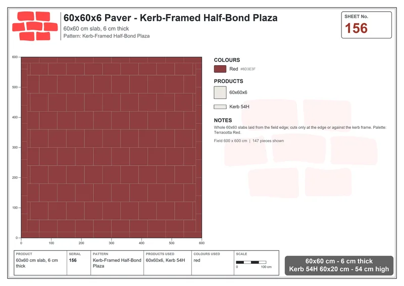 Interlock (Pasco) 60x60 cm · SQ66-156 · Kerb-Framed Half-Bond Plaza · Laying plan Interlock (Pasco) 60x60 cm · SQ66-156 · Kerb-Framed Half-Bond Plaza · Laying plan