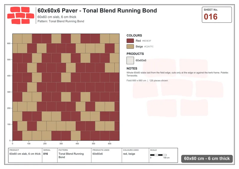 Interlock (Pasco) 60x60 cm · SQ66-16 · Tonal Blend Running Bond · Laying plan Interlock (Pasco) 60x60 cm · SQ66-16 · Tonal Blend Running Bond · Laying plan