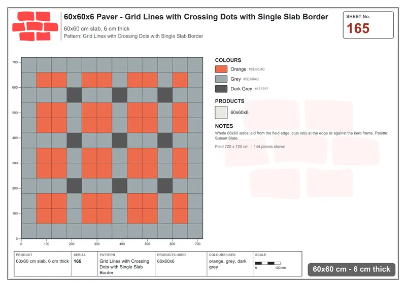 Interlock (Pasco) 60x60 cm · SQ66-165 · Grid Lines with Crossing Dots with Single Slab Border · Laying plan Interlock (Pasco) 60x60 cm · SQ66-165 · Grid Lines with Crossing Dots with Single Slab Border · Laying plan