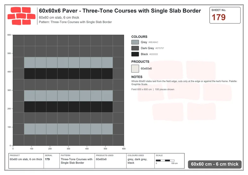Interlock (Pasco) 60x60 cm · SQ66-179 · Three-Tone Courses with Single Slab Border · Laying plan Interlock (Pasco) 60x60 cm · SQ66-179 · Three-Tone Courses with Single Slab Border · Laying plan