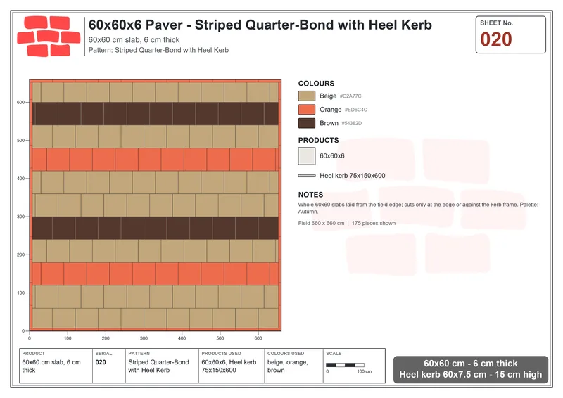 Interlock (Pasco) 60x60 cm · SQ66-20 · Striped Quarter-Bond with Heel Kerb · Laying plan Interlock (Pasco) 60x60 cm · SQ66-20 · Striped Quarter-Bond with Heel Kerb · Laying plan