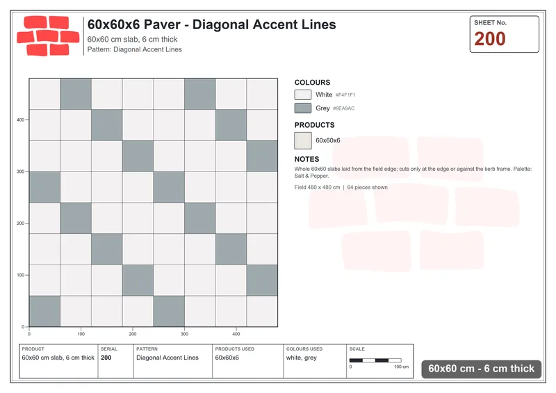 Interlock (Pasco) 60x60 cm · SQ66-200 · Vertical Half-Bond with Paired Accent Courses · Laying plan Interlock (Pasco) 60x60 cm · SQ66-200 · Vertical Half-Bond with Paired Accent Courses · Laying plan