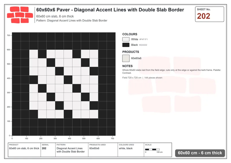 Interlock (Pasco) 60x60 cm · SQ66-202 · Diagonal Accent Lines with Double Slab Border · Laying plan Interlock (Pasco) 60x60 cm · SQ66-202 · Diagonal Accent Lines with Double Slab Border · Laying plan
