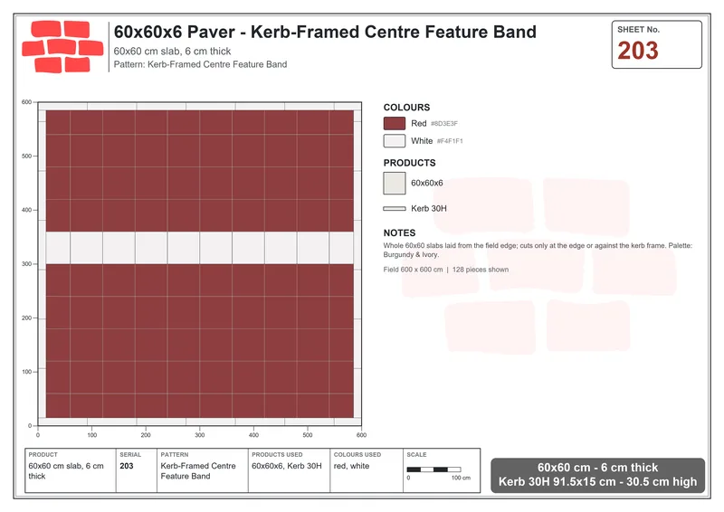 Interlock (Pasco) 60x60 cm · SQ66-203 · Kerb-Framed Centre Feature Band · Laying plan Interlock (Pasco) 60x60 cm · SQ66-203 · Kerb-Framed Centre Feature Band · Laying plan