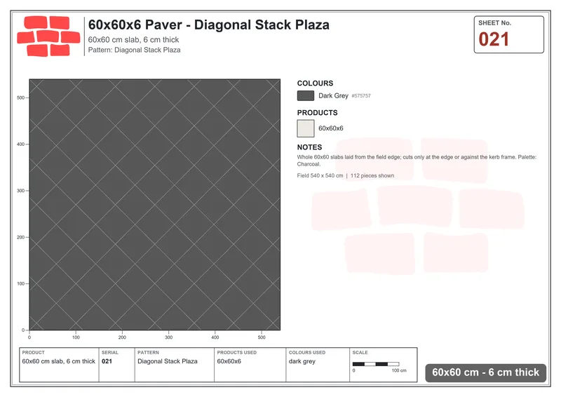 Interlock (Pasco) 60x60 cm · SQ66-21 · Diagonal Stack Plaza · Laying plan Interlock (Pasco) 60x60 cm · SQ66-21 · Diagonal Stack Plaza · Laying plan