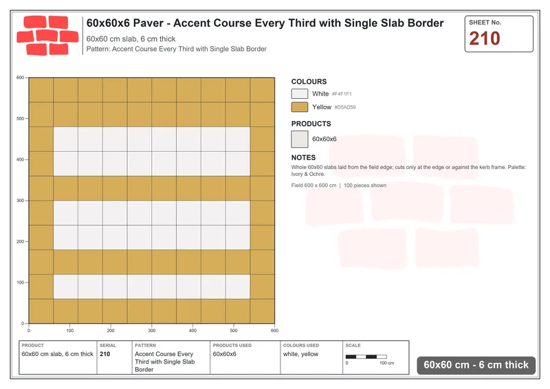 Interlock (Pasco) 60x60 cm · SQ66-210 · Accent Course Every Third with Single Slab Border · Laying plan Interlock (Pasco) 60x60 cm · SQ66-210 · Accent Course Every Third with Single Slab Border · Laying plan