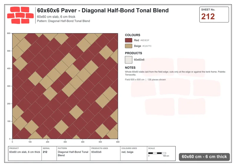 Interlock (Pasco) 60x60 cm · SQ66-212 · Vertical Half-Bond with Tone Row Stripes · Laying plan Interlock (Pasco) 60x60 cm · SQ66-212 · Vertical Half-Bond with Tone Row Stripes · Laying plan
