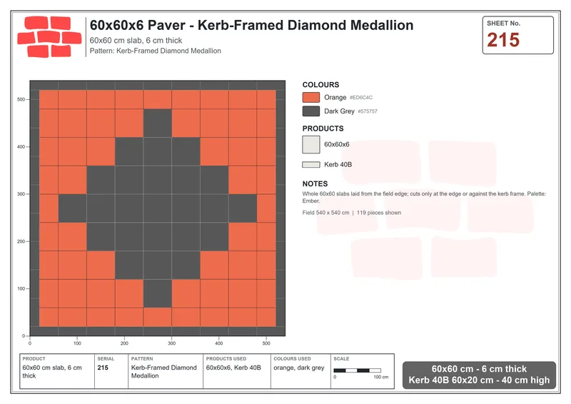Interlock (Pasco) 60x60 cm · SQ66-215 · Kerb-Framed Diamond Medallion · Laying plan Interlock (Pasco) 60x60 cm · SQ66-215 · Kerb-Framed Diamond Medallion · Laying plan