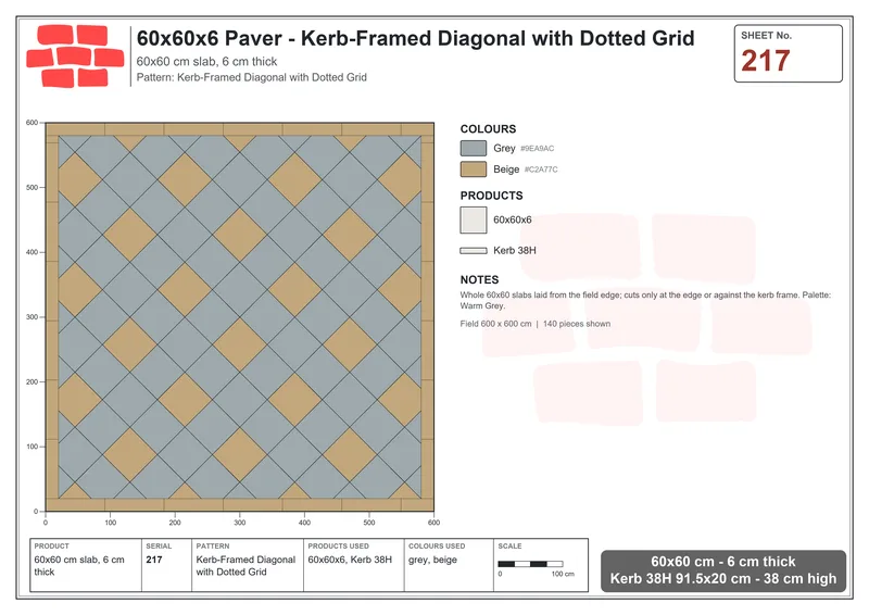 Interlock (Pasco) 60x60 cm · SQ66-217 · Kerb-Framed Diagonal with Dotted Grid · Laying plan Interlock (Pasco) 60x60 cm · SQ66-217 · Kerb-Framed Diagonal with Dotted Grid · Laying plan