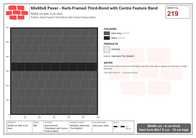 Interlock (Pasco) 60x60 cm · SQ66-219 · Kerb-Framed Third-Bond with Centre Feature Band · Laying plan Interlock (Pasco) 60x60 cm · SQ66-219 · Kerb-Framed Third-Bond with Centre Feature Band · Laying plan