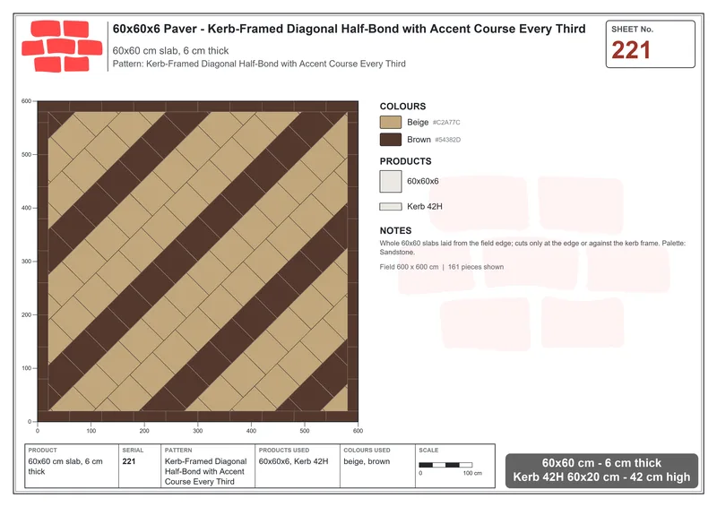 Interlock (Pasco) 60x60 cm · SQ66-221 · Kerb-Framed Diagonal Half-Bond with Accent Course Every Third · Laying plan Interlock (Pasco) 60x60 cm · SQ66-221 · Kerb-Framed Diagonal Half-Bond with Accent Course Every Third · Laying plan