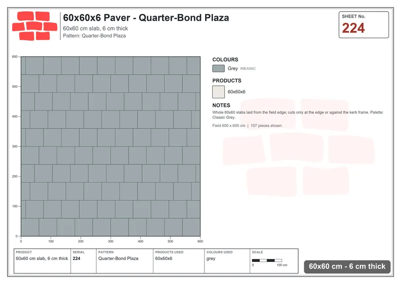 Interlock (Pasco) 60x60 cm · SQ66-224 · Diagonal Half-Bond with Centre Feature Band · Laying plan Interlock (Pasco) 60x60 cm · SQ66-224 · Diagonal Half-Bond with Centre Feature Band · Laying plan