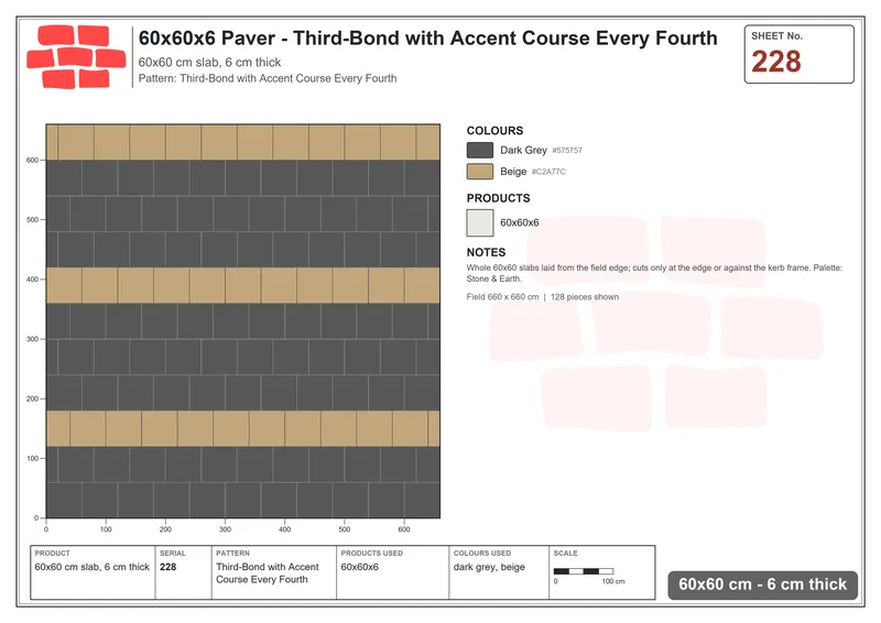 Interlock (Pasco) 60x60 cm · SQ66-228 · Third-Bond with Accent Course Every Fourth · Laying plan Interlock (Pasco) 60x60 cm · SQ66-228 · Third-Bond with Accent Course Every Fourth · Laying plan