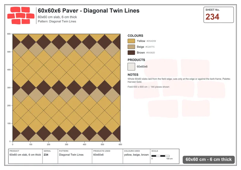 Interlock (Pasco) 60x60 cm · SQ66-234 · Half-Bond with Accent Course Every Fourth · Laying plan Interlock (Pasco) 60x60 cm · SQ66-234 · Half-Bond with Accent Course Every Fourth · Laying plan