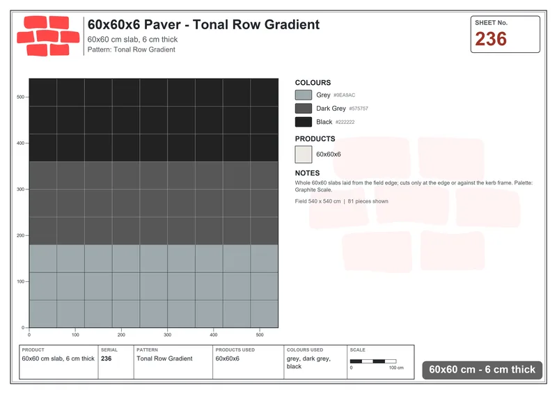 Interlock (Pasco) 60x60 cm · SQ66-236 · Tonal Row Gradient · Laying plan Interlock (Pasco) 60x60 cm · SQ66-236 · Tonal Row Gradient · Laying plan