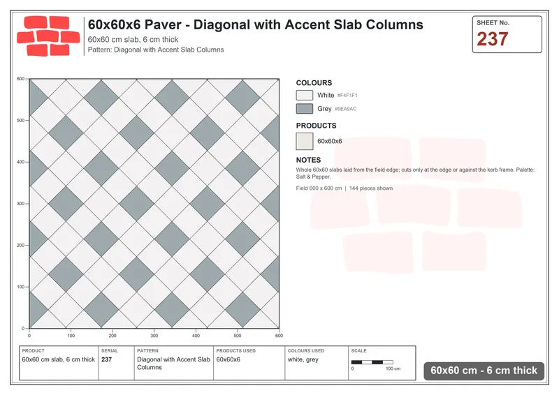 Interlock (Pasco) 60x60 cm · SQ66-237 · Diagonal with Triple-Slab Checker Blocks · Laying plan Interlock (Pasco) 60x60 cm · SQ66-237 · Diagonal with Triple-Slab Checker Blocks · Laying plan