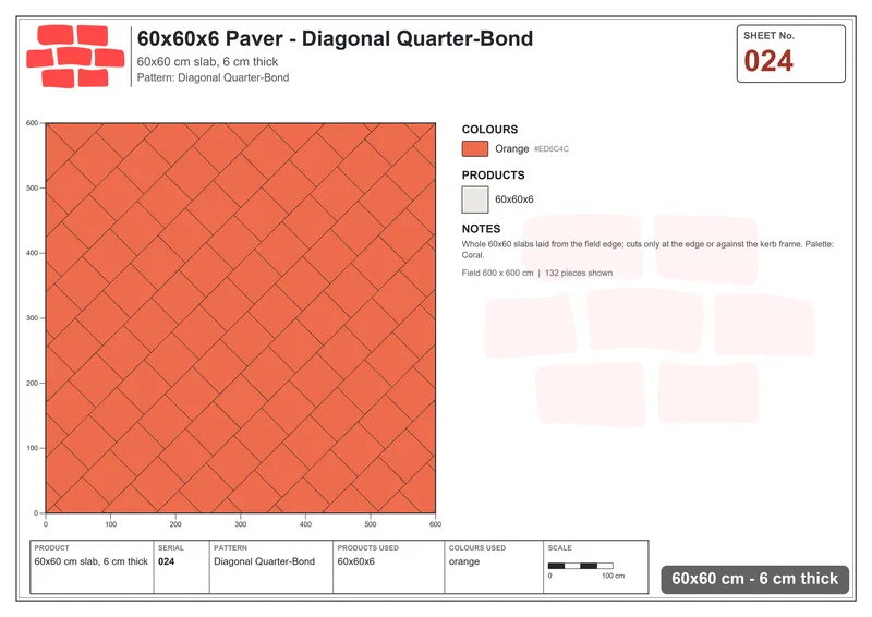 Interlock (Pasco) 60x60 cm · SQ66-24 · Diagonal Quarter-Bond · Laying plan Interlock (Pasco) 60x60 cm · SQ66-24 · Diagonal Quarter-Bond · Laying plan