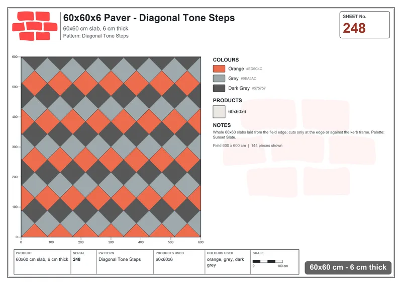 Interlock (Pasco) 60x60 cm · SQ66-248 · Diagonal with Tonal Row Gradient · Laying plan Interlock (Pasco) 60x60 cm · SQ66-248 · Diagonal with Tonal Row Gradient · Laying plan