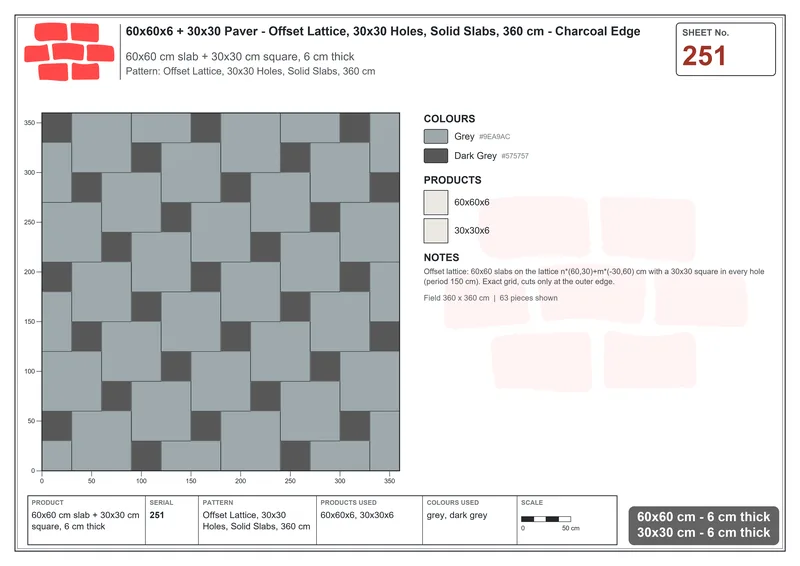 Interlock (Pasco) 60x60 cm · SQ66-251 · Offset Lattice, 30x30 Holes, Solid Slabs, 360 cm · Laying plan Interlock (Pasco) 60x60 cm · SQ66-251 · Offset Lattice, 30x30 Holes, Solid Slabs, 360 cm · Laying plan