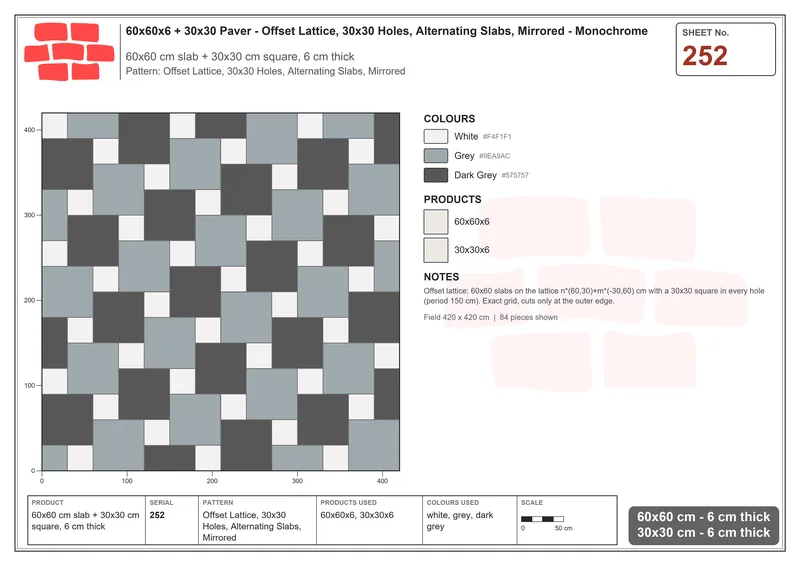 Interlock (Pasco) 60x60 cm · SQ66-252 · Offset Lattice, 30x30 Holes, Alternating Slabs, Mirrored · Laying plan Interlock (Pasco) 60x60 cm · SQ66-252 · Offset Lattice, 30x30 Holes, Alternating Slabs, Mirrored · Laying plan