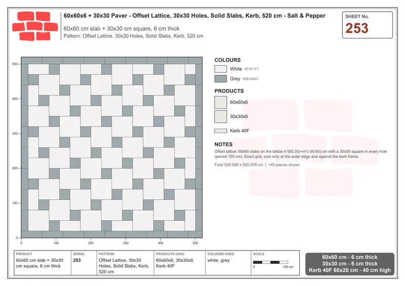 Interlock (Pasco) 60x60 cm · SQ66-253 · Offset Lattice, 30x30 Holes, Solid Slabs, Kerb, 520 cm · Laying plan Interlock (Pasco) 60x60 cm · SQ66-253 · Offset Lattice, 30x30 Holes, Solid Slabs, Kerb, 520 cm · Laying plan