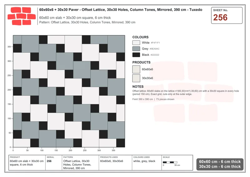 Interlock (Pasco) 60x60 cm · SQ66-256 · Offset Lattice, 30x30 Holes, Column Tones, Mirrored, 390 cm · Laying plan Interlock (Pasco) 60x60 cm · SQ66-256 · Offset Lattice, 30x30 Holes, Column Tones, Mirrored, 390 cm · Laying plan