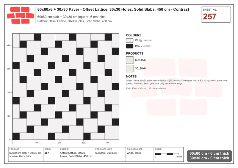 Interlock (Pasco) 60x60 cm · SQ66-257 · Offset Lattice, 30x30 Holes, Solid Slabs, 450 cm · Laying plan Interlock (Pasco) 60x60 cm · SQ66-257 · Offset Lattice, 30x30 Holes, Solid Slabs, 450 cm · Laying plan