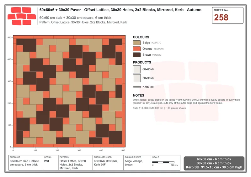 Interlock (Pasco) 60x60 cm · SQ66-258 · Offset Lattice, 30x30 Holes, 2x2 Blocks, Mirrored, Kerb · Laying plan Interlock (Pasco) 60x60 cm · SQ66-258 · Offset Lattice, 30x30 Holes, 2x2 Blocks, Mirrored, Kerb · Laying plan