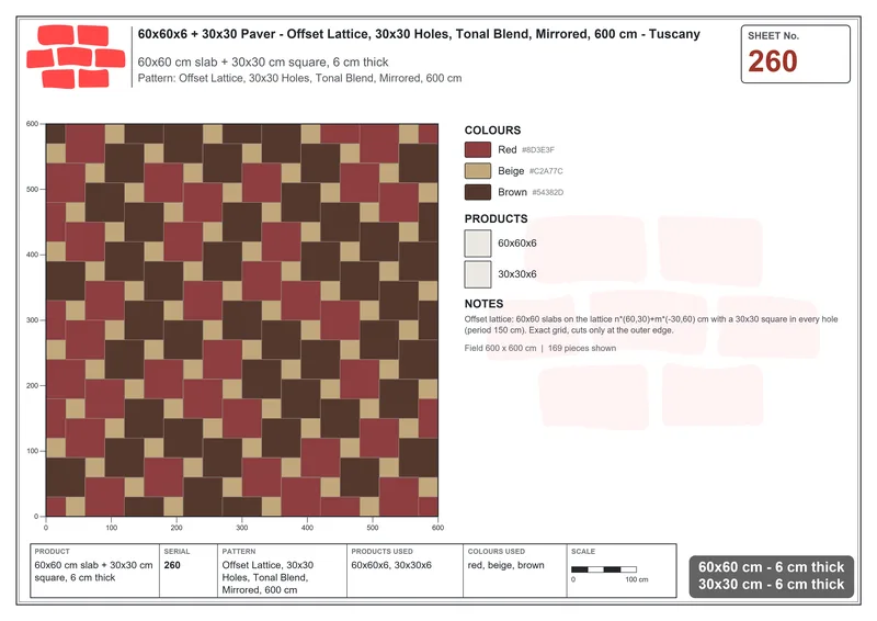 Interlock (Pasco) 60x60 cm · SQ66-260 · Offset Lattice, 30x30 Holes, Tonal Blend, Mirrored, 600 cm · Laying plan Interlock (Pasco) 60x60 cm · SQ66-260 · Offset Lattice, 30x30 Holes, Tonal Blend, Mirrored, 600 cm · Laying plan