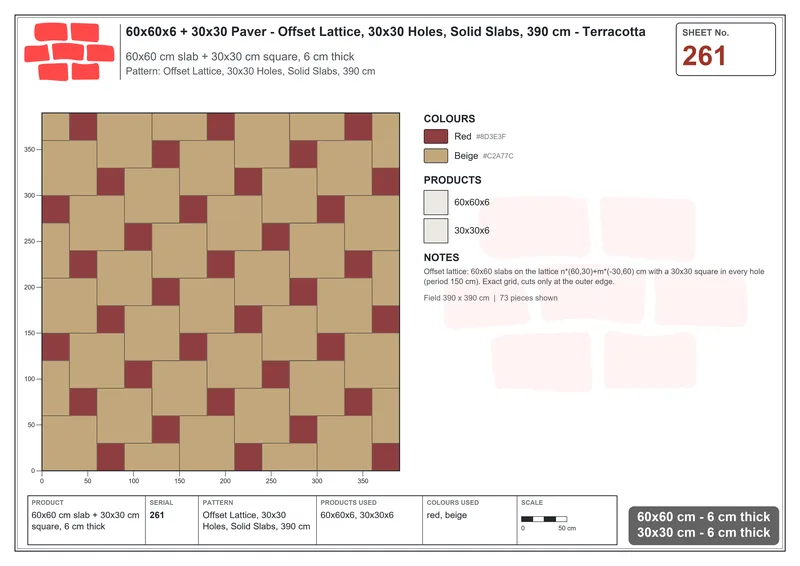 Interlock (Pasco) 60x60 cm · SQ66-261 · Offset Lattice, 30x30 Holes, Solid Slabs, 390 cm · Laying plan Interlock (Pasco) 60x60 cm · SQ66-261 · Offset Lattice, 30x30 Holes, Solid Slabs, 390 cm · Laying plan