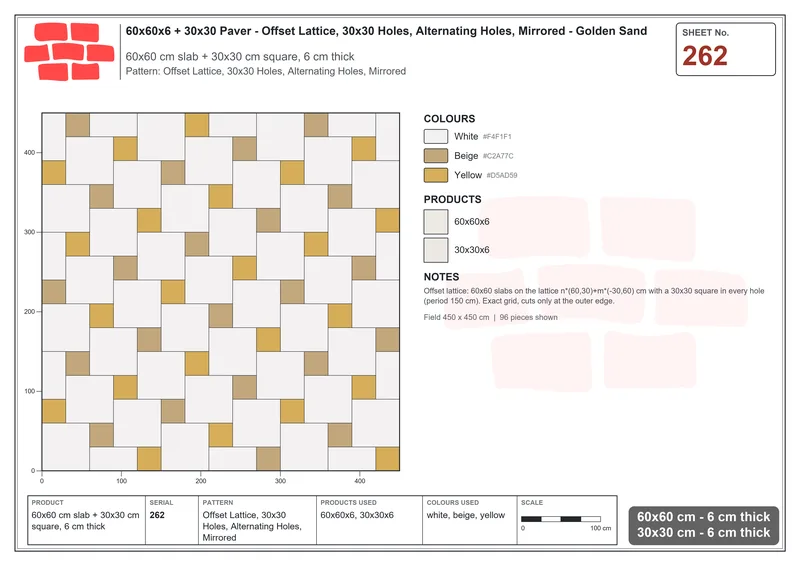Interlock (Pasco) 60x60 cm · SQ66-262 · Offset Lattice, 30x30 Holes, Alternating Holes, Mirrored · Laying plan Interlock (Pasco) 60x60 cm · SQ66-262 · Offset Lattice, 30x30 Holes, Alternating Holes, Mirrored · Laying plan