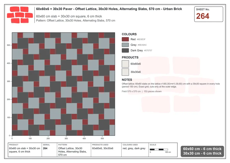 Interlock (Pasco) 60x60 cm · SQ66-264 · Offset Lattice, 30x30 Holes, Alternating Slabs, 570 cm · Laying plan Interlock (Pasco) 60x60 cm · SQ66-264 · Offset Lattice, 30x30 Holes, Alternating Slabs, 570 cm · Laying plan