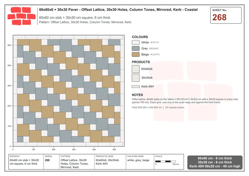 Interlock (Pasco) 60x60 cm · SQ66-268 · Offset Lattice, 30x30 Holes, Column Tones, Mirrored, Kerb · Laying plan Interlock (Pasco) 60x60 cm · SQ66-268 · Offset Lattice, 30x30 Holes, Column Tones, Mirrored, Kerb · Laying plan