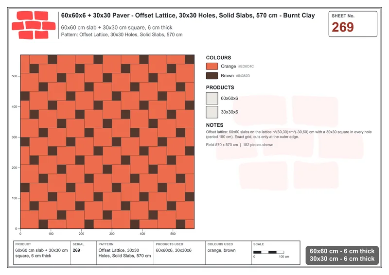 Interlock (Pasco) 60x60 cm · SQ66-269 · Offset Lattice, 30x30 Holes, Solid Slabs, 570 cm · Laying plan Interlock (Pasco) 60x60 cm · SQ66-269 · Offset Lattice, 30x30 Holes, Solid Slabs, 570 cm · Laying plan