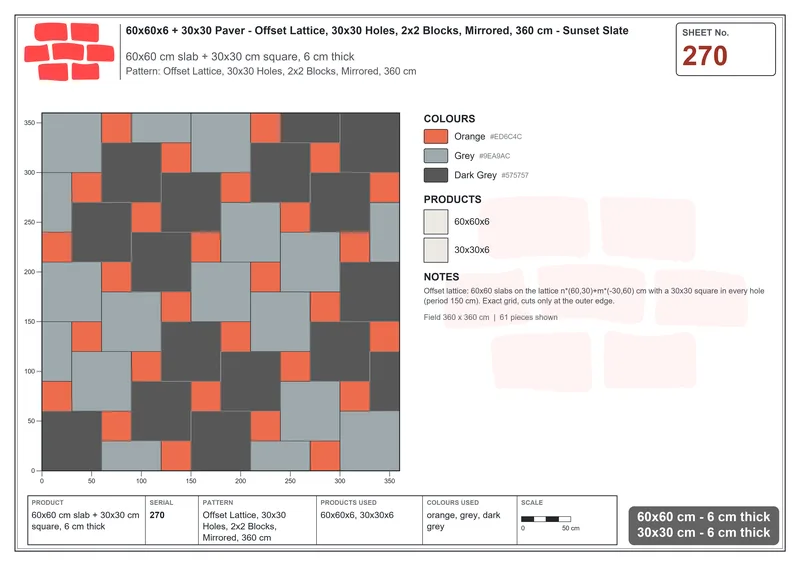 Interlock (Pasco) 60x60 cm · SQ66-270 · Offset Lattice, 30x30 Holes, 2x2 Blocks, Mirrored, 360 cm · Laying plan Interlock (Pasco) 60x60 cm · SQ66-270 · Offset Lattice, 30x30 Holes, 2x2 Blocks, Mirrored, 360 cm · Laying plan