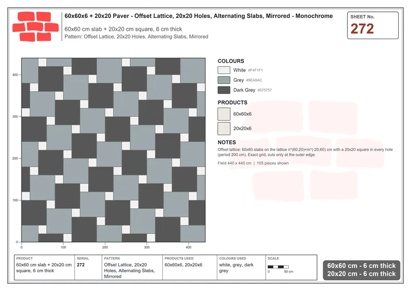 Interlock (Pasco) 60x60 cm · SQ66-272 · Offset Lattice, 20x20 Holes, Alternating Slabs, Mirrored · Laying plan Interlock (Pasco) 60x60 cm · SQ66-272 · Offset Lattice, 20x20 Holes, Alternating Slabs, Mirrored · Laying plan