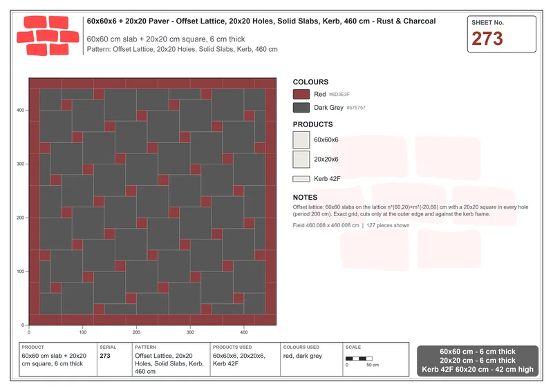 Interlock (Pasco) 60x60 cm · SQ66-273 · Offset Lattice, 20x20 Holes, Solid Slabs, Kerb, 460 cm · Laying plan Interlock (Pasco) 60x60 cm · SQ66-273 · Offset Lattice, 20x20 Holes, Solid Slabs, Kerb, 460 cm · Laying plan